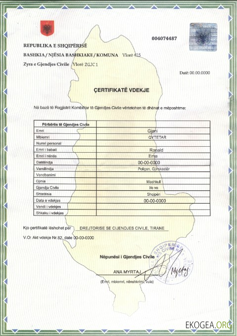 Modèle de certificat de décès d'Albanie au format PSD
